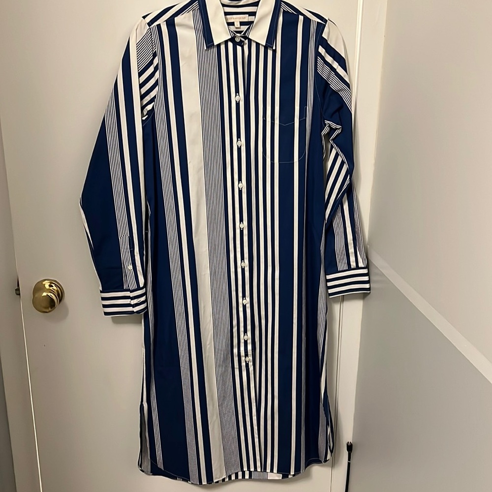 Ann Mashburn cotton shirt dress, blue and white stripe. Never worn. Size S